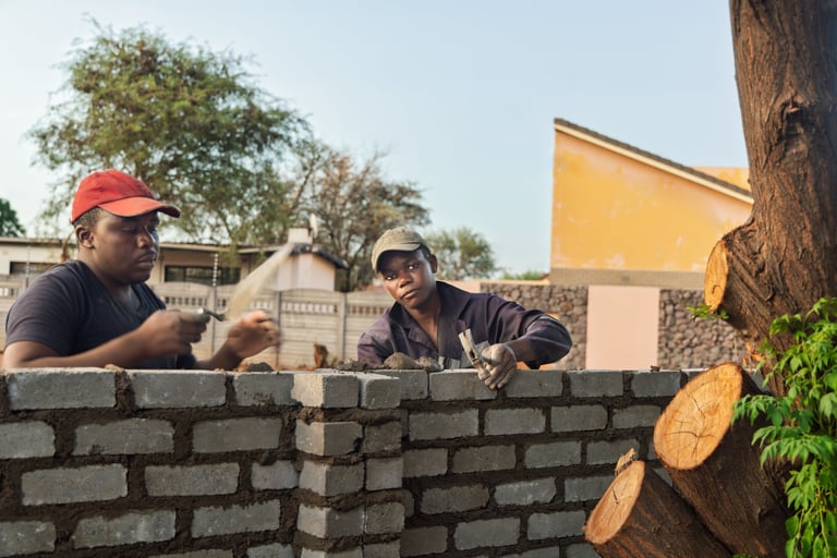 African American bricklayer colleagues using trowel and hammer building brick wall on job site